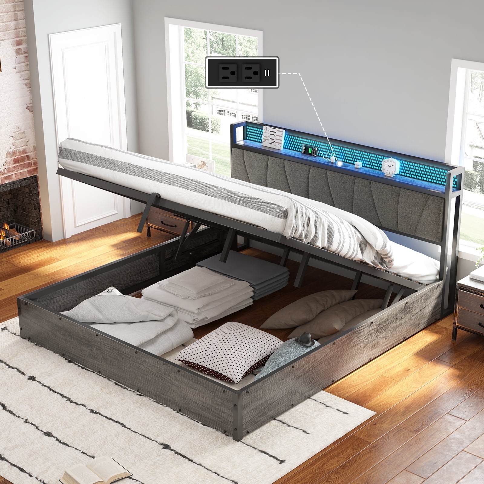 King Size Rustic Grey Linen Upholstered Metal Frame Bed with LED Storage Headboard