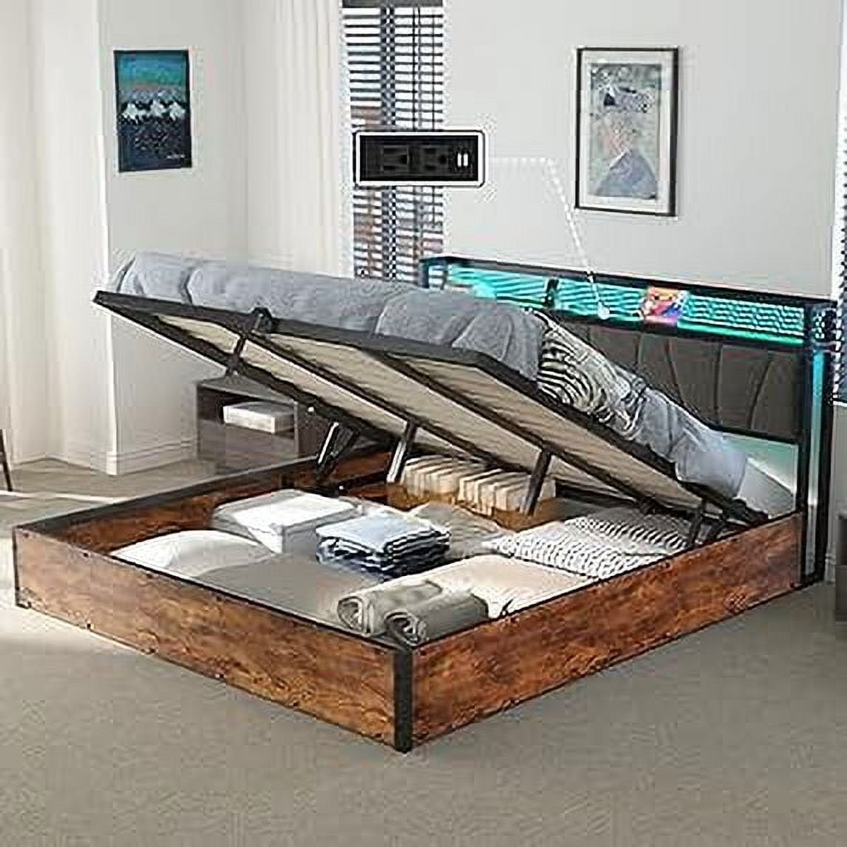 Merluxy King Size Lift Up Bed Frame with Linen Upholstered & LED Light ...