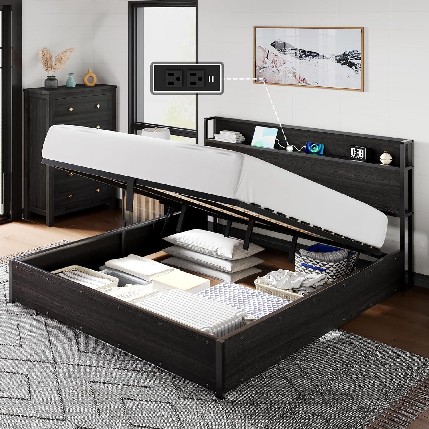 King Size Black MDF Lift Up Storage Bed Frame with Charging Station