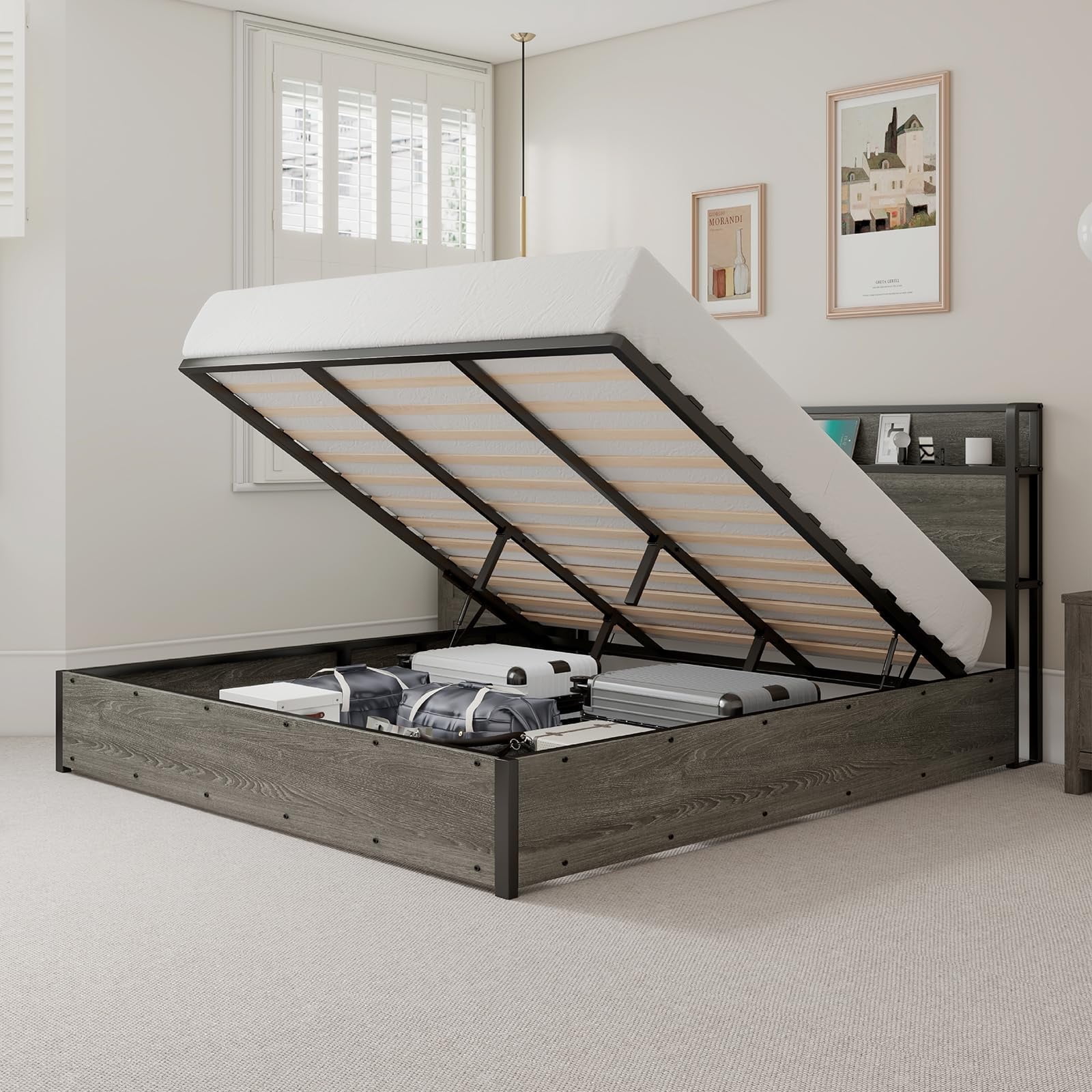 Merluxy King Size Lift up Storage Bed, Wood Platform Bed Frame with ...