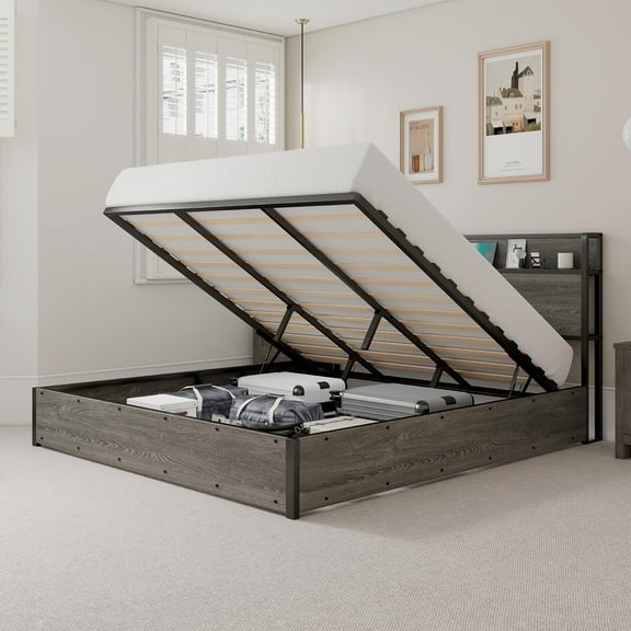 Merluxy King Size Lift up Storage Bed, Wood Platform Bed Frame with Storage Headboard & Charging Station, Easy Assembly, Rustic Grey