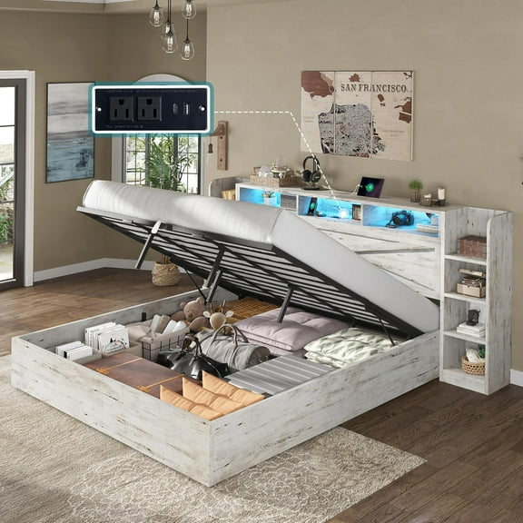 Merluxy King Size Lift Up Storage Bed Frame with Bookcase Headboard & Charging Station, White