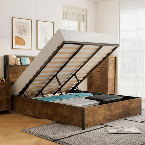 Merluxy King Size Lift up Storage Bed, Storage Headboard & Charging Station, Rustic Brown