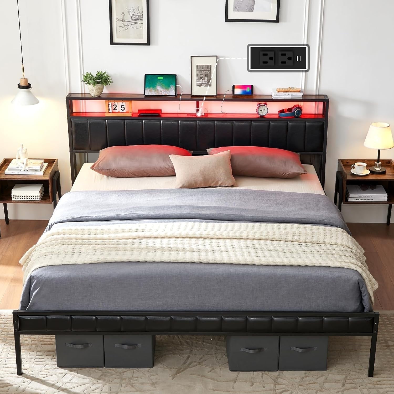 Merluxy King Size Platform Bed Frame, LED Bed Frame with PU Leather ...