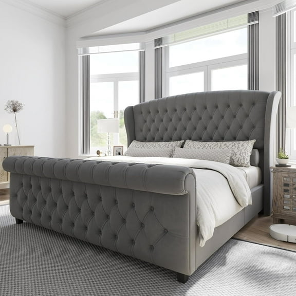 Merluxy King Size Platform Bed Frame, Velvet Upholstered Sleigh Bed with Scroll Wingback Headboard & Footboard/Button Tufted, Grey