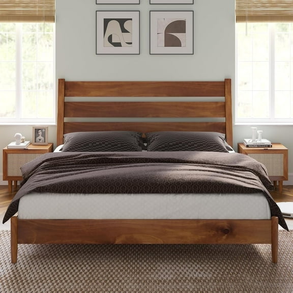 Merluxy King Size Solid Wood Bed Frame, Mid Century Platform Bed with Reclining Slatted Headboard, Wood Slat Support/Noise Free, Light Brown