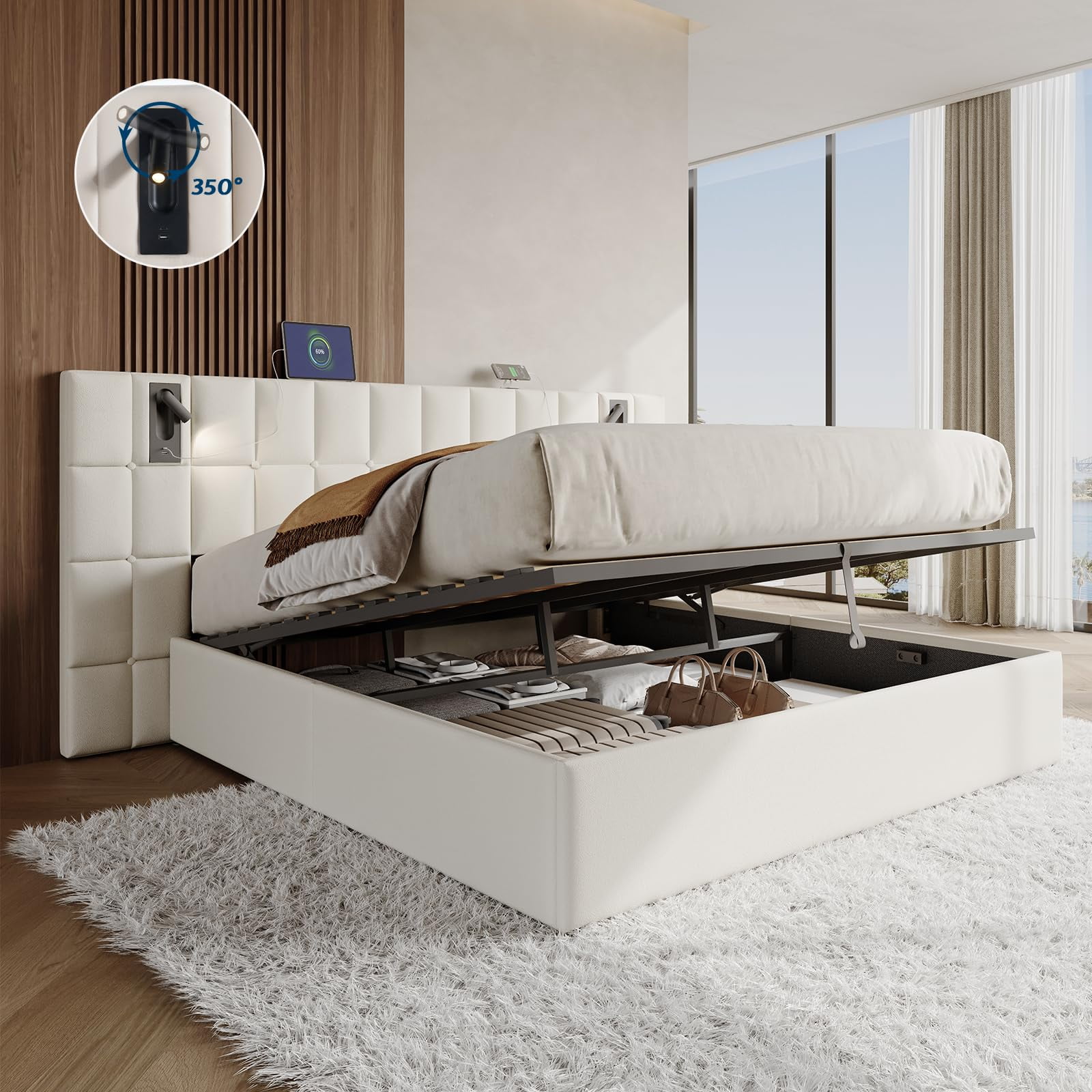 Merluxy King Size Upholstered Bed Frame with Widened Headboard,Lift-Up Storage Bed and Built-In Reading Light, Velvet Platform Frame,Cream