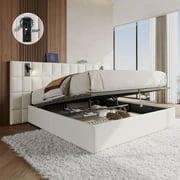 Merluxy King Size Upholstered Bed Frame with Widened Headboard,Lift-Up Storage Bed and Built-In Reading Light, Velvet Platform Frame,Cream