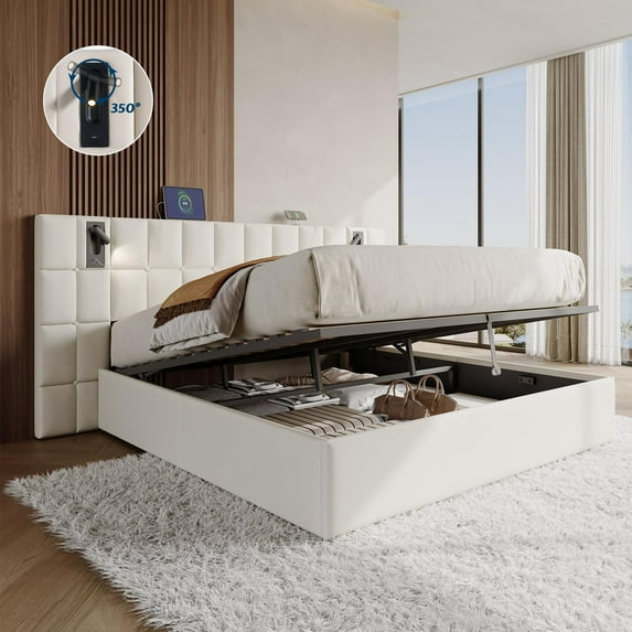 Merluxy King Size Upholstered Bed Frame with Widened Headboard,Lift-Up Storage Bed and Built-In Reading Light, Velvet Platform Frame,Cream