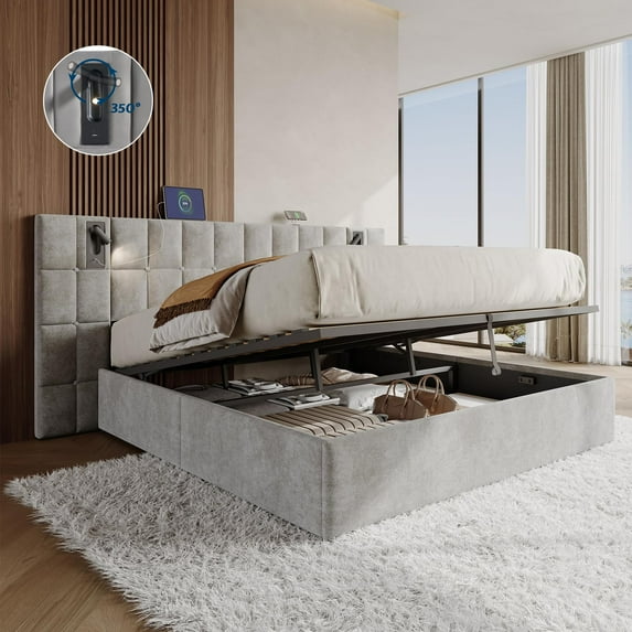 Merluxy King Size Upholstered Bed Frame with Widened Headboard,Lift-Up Storage Bed and Built-In Reading Light, Velvet Platform Frame, Crey