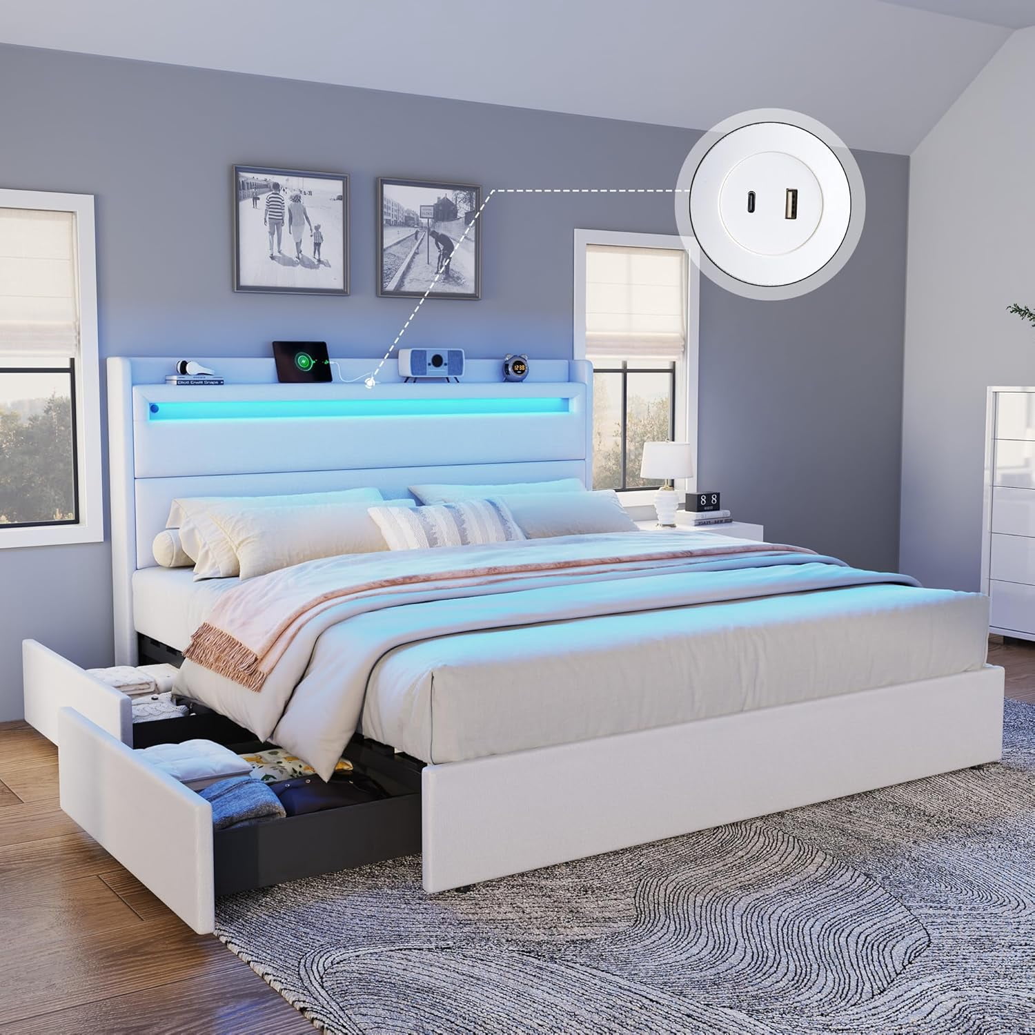 Merluxy King Size Upholstered Bed Frame with LED Storage Headboard, 4 ...