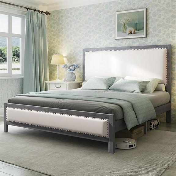 Merluxy King Upholstered Platform Bed with Headboard, Solid Wood Bed Frame with Linen Headboard & Footboard Nailhead Trim, Noise-Free, Grey Blue