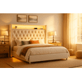 thumbnail image 1 of Merluxy LED Bed Frame King Size with Charging Station Upholstered Bed Frame with Headboard Storage Motion Activated Night Light, Cream, 1 of 9