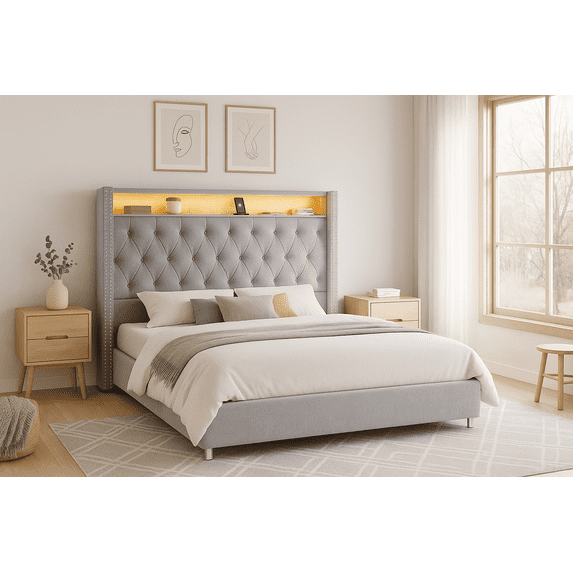 Merluxy LED King Bed Frame,Charging Station and Storage Upholstered Headboard/Velvet/Gray