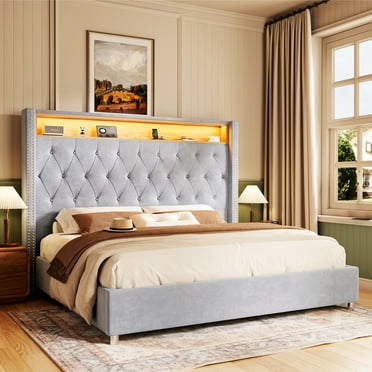 Merluxy LED King Bed Frame,Charging Station and Storage Upholstered Headboard/Velvet/Gray
