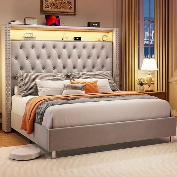Merluxy LED Queen Bed Frame with 53.2" Storage Headboard,USB Ports,No Box Spring Needed,Light Grey