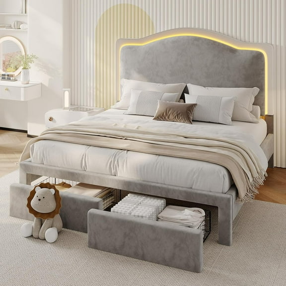 Merluxy LED Queen Bed Frames with Storage Drawer, Upholstered Platform Bed with Adjustable Headboard, No Box Spring Needed, Easy Assembly,Grey