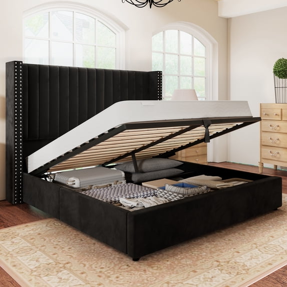 Merluxy Lift up Queen Bed Frame and Headboard Upholstered Wingback Bed,Black
