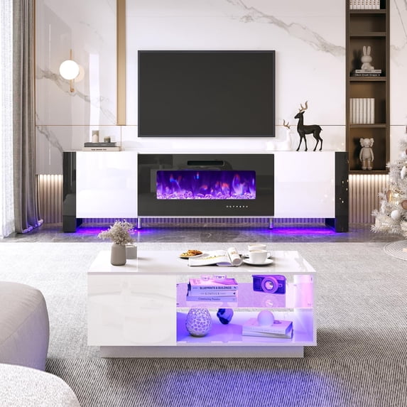Merluxy Living Room Table Sets, 80'' Fireplace TV Stand LED Lights, 40" Coffee Tables, White&Black