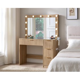 Merluxy 36.2" Girls Vanity Desk with Large Mirror and LED Lights, 4 Drawers Makeup Table with Glass Top and Charging Station for Women and Girls, Oak