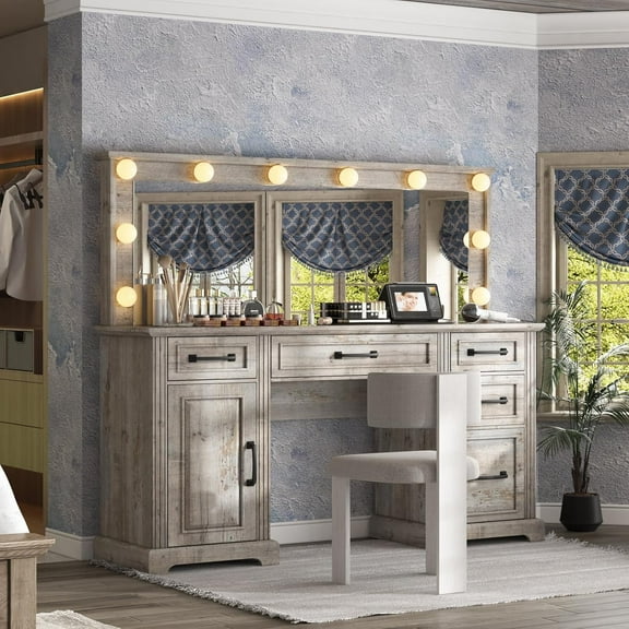 Merluxy Makeup Vanity with Mirror & Lights,Glass Top Vanity with 5 Drawers & Charging Station,Grey