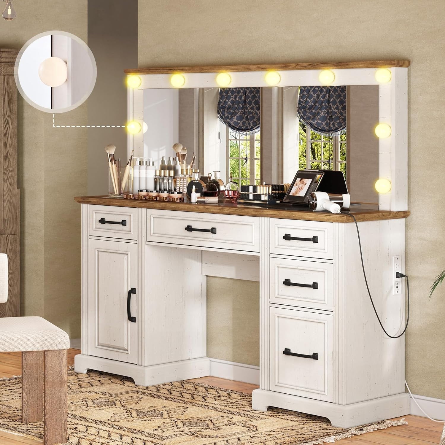 Merluxy Makeup Vanity with Mirror & Lights,Glass Top Vanity with 6 Drawers & Charging Station,White