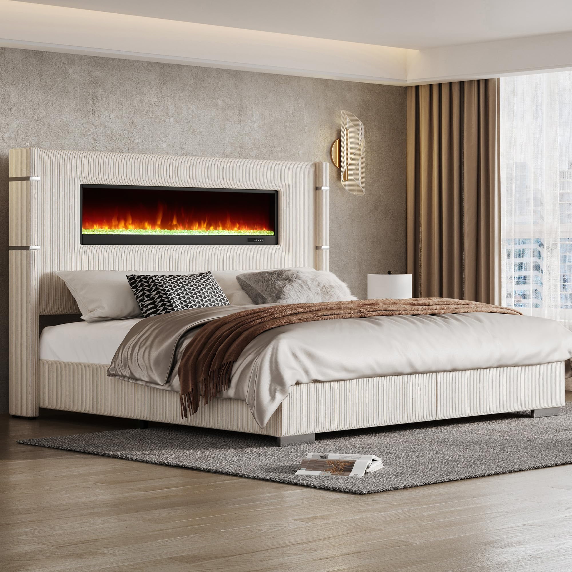 Merluxy Modern California King Size Bed Frame with Fireplace and Tall Headboard, Corduroy Upholstered Wingback Platform, Beige