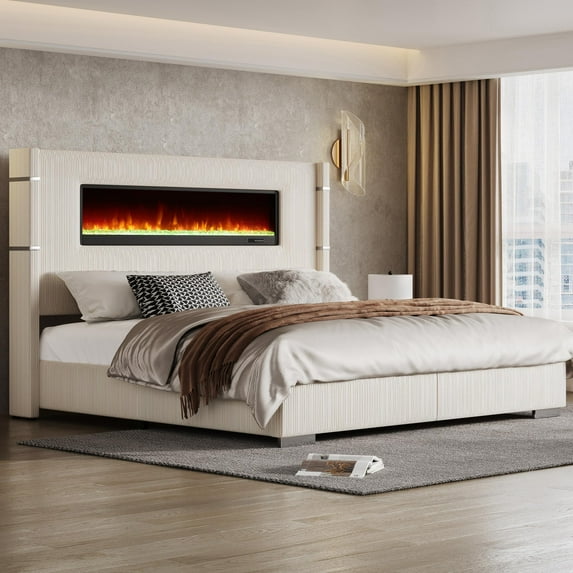 Merluxy Modern California King Size Bed Frame with Fireplace and Tall Headboard, Corduroy Upholstered Wingback Platform, Beige