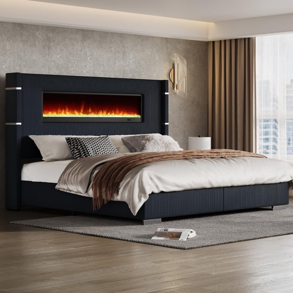 Merluxy Modern California King Size Bed Frame with Fireplace and Tall Headboard, Corduroy Upholstered Wingback Platform, Black