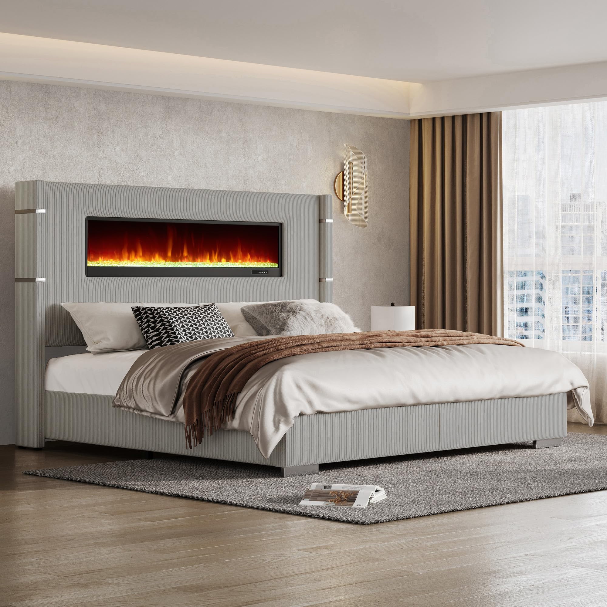Merluxy Modern California King Size Bed Frame with Fireplace and Tall Headboard, Corduroy Upholstered Wingback Platform, Greige