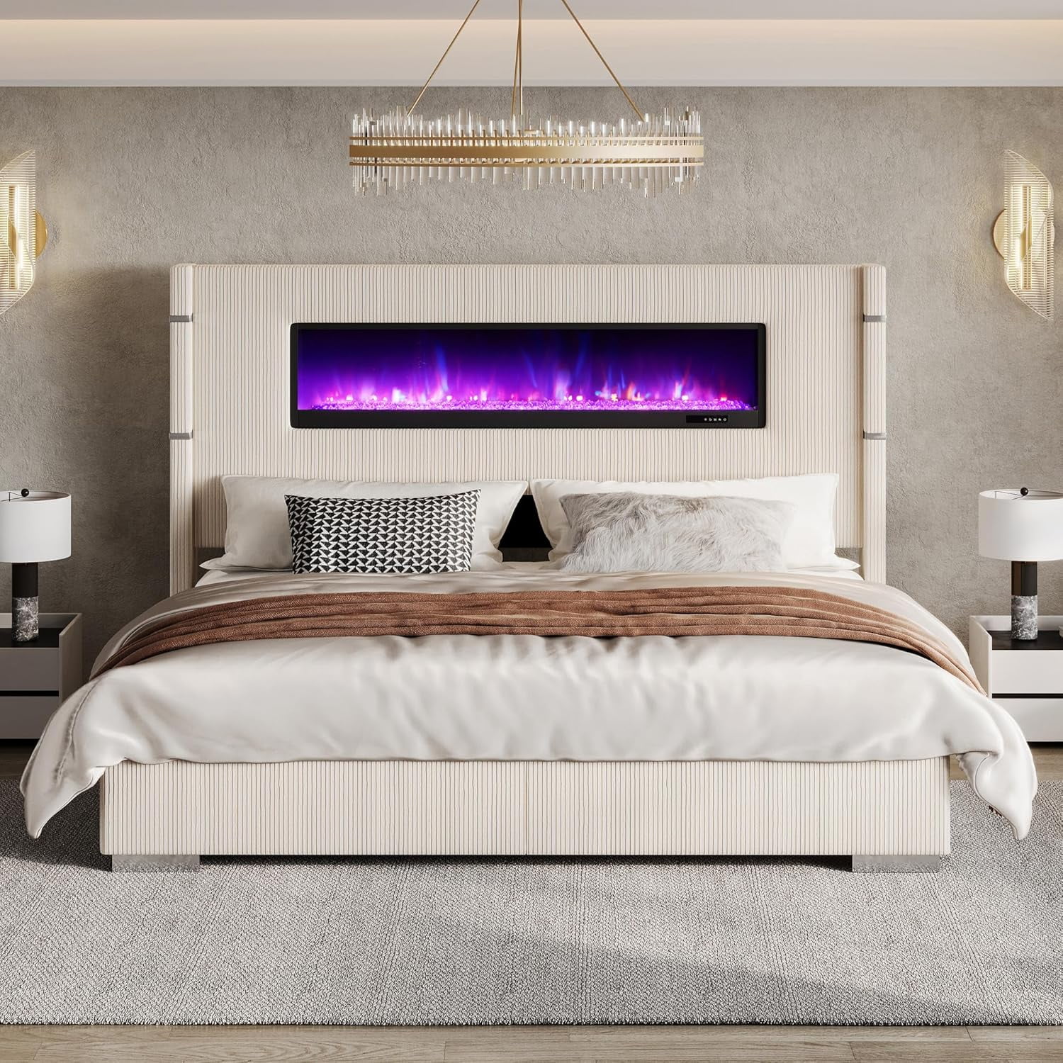 Merluxy Modern 60.4" H King Size Bed Frame with Fireplace and Tall Headboard, Cream Wingback Platform