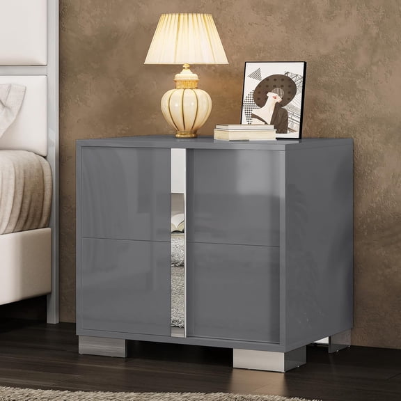 Merluxy Modern Nightstand with Drawers,23.6" High Gloss UV Finish Storage Table for Bedroom,White