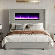 Merluxy Modern Queen Size Bed Frame with Fireplace and Tall Headboard, Corduroy Upholstered Wingback Platform, Greige