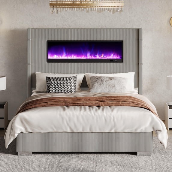 Merluxy Modern Queen Size Bed Frame with Fireplace and Tall Headboard, Corduroy Upholstered Wingback Platform, Greige