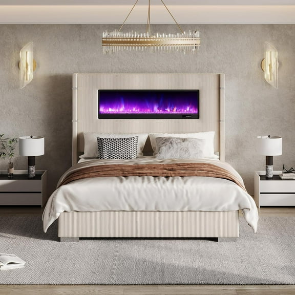 Merluxy Modern 60.4" H Queen Size Bed Frame with Fireplace and Tall Headboard, Cream Wingback Platform