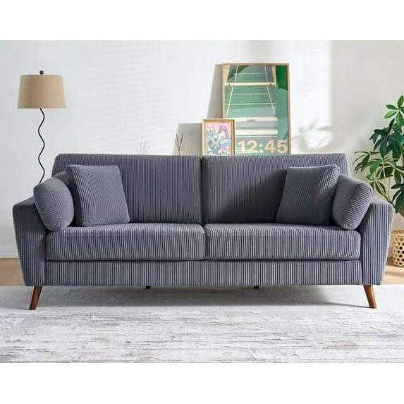 Merluxy Modern Sofa with 4 Throw Pillows, 3-Seater Sofa Couch for Adult,Grey Corduroy