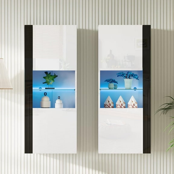 Merluxy Modern Wall Storage Cabinets with LED Lights, Hanging Cabinets with Closed Doors & Open Shelves, White