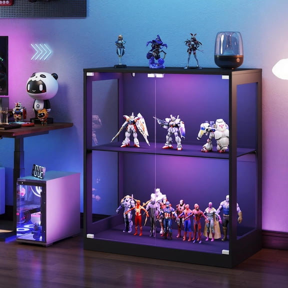 Merluxy Modular DIY RGB Display Cabinet, 32 x 16 x 36 inch, 2-Tier Storage Case with LED Lights, Adjustable Shelves and Press-to-Open Doors, Black
