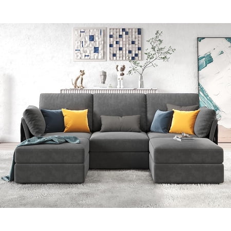 Merluxy Modular Sectional Sofa, 5 Seats Oversized Couch with Storage , Ottomans- Chenille Grey