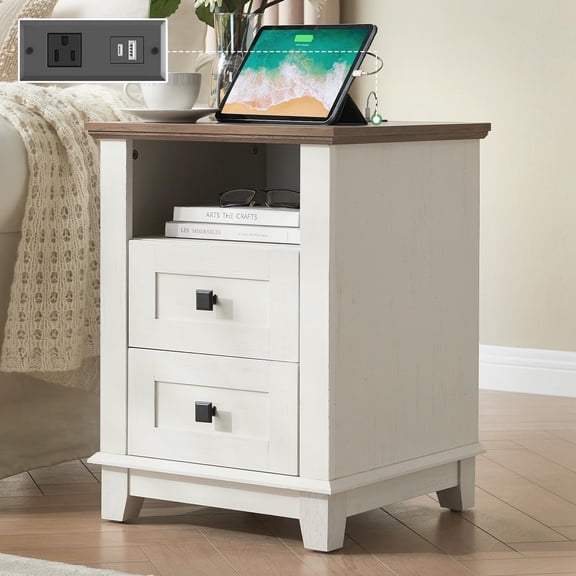 Merluxy Nightstand with Charging Station, 18" Farmhouse End Table with Storage Drawers, Bedside Table with USB Ports for Living Room, Antique White