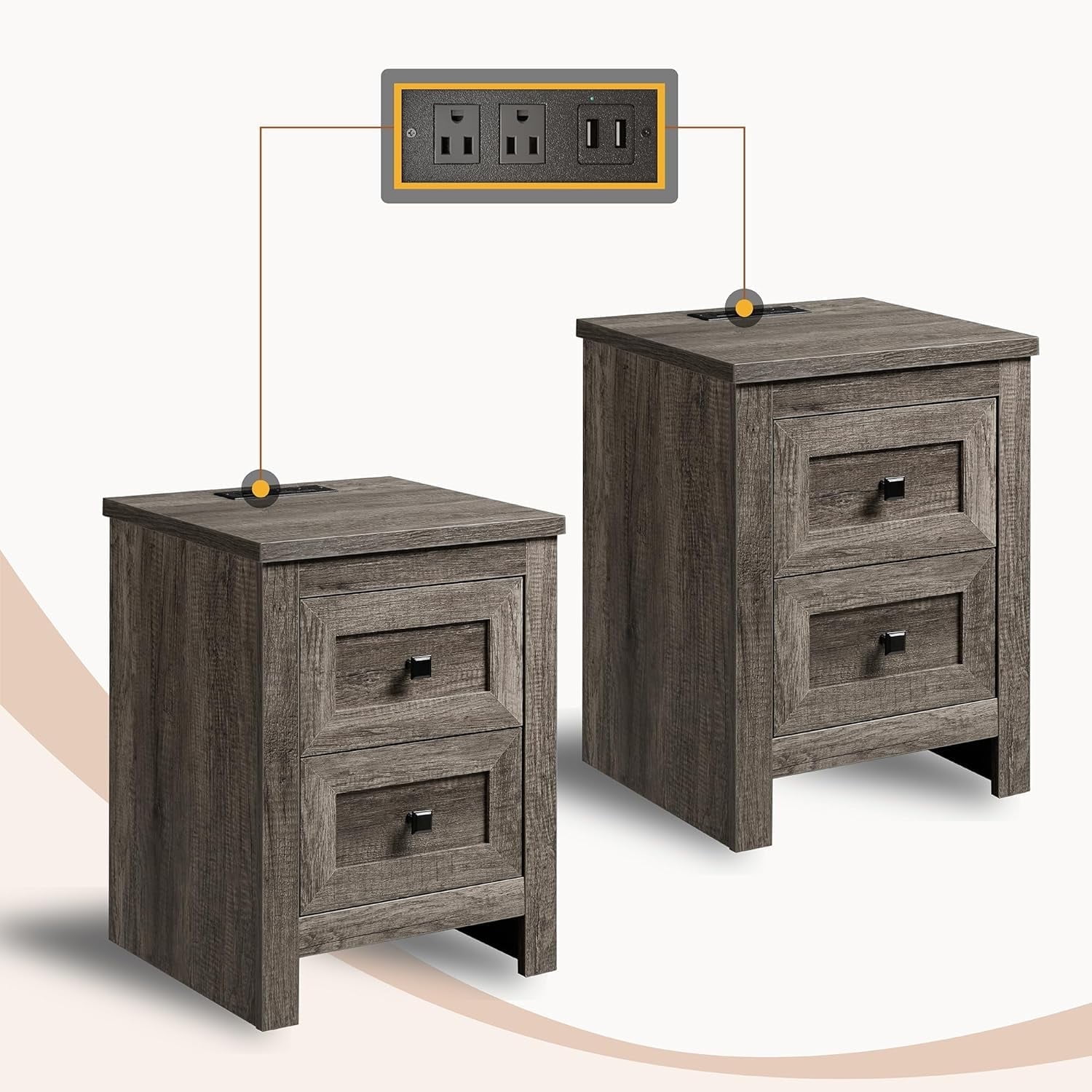 Merluxy Nightstand Set of 2 with Charging Station, Farmhouse Wood Bedside Table Rustic Grey