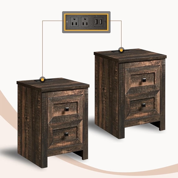 Merluxy Nightstand Set of 2 with Charging Station, Farmhouse Wood Bedside Table with Dark Oak