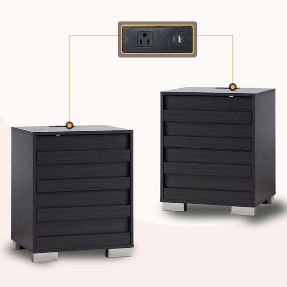 Merluxy Nightstand Set of 2 with Charging Station,Farmhouse End Table with Drawers for Bedroom,Black