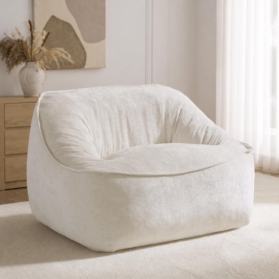 Merluxy Oversized Bean Bag Chair for Adult, Chinille Lounge Sofa, Cream, Cloud Lounge Chair, 27.6'' Deep Seat, Chopped Foam Filling, No Assembly