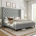 thumbnail image 1 of Merluxy Queen Bed Frame 61.4" Tall Headborad and Deep Button Tufted,No Box Spring Needed,Velvet Upholstered,Gray, 1 of 9
