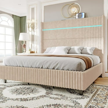 Merluxy Queen Bed Frame with LED Lights Charging Station,Corduroy Upholstered Platform Bed Frame with 60" Tall Wingback Headboard/No Box Spring Needed/Beige