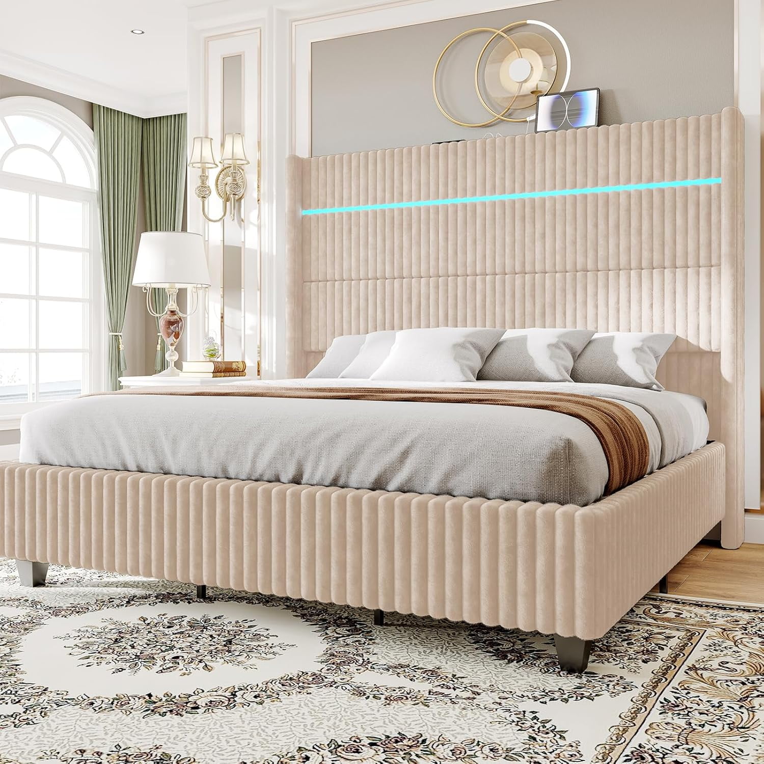 Merluxy Queen Bed Frame with LED Lights Charging Station,Corduroy Upholstered Platform Bed Frame with 60" Tall Wingback Headboard/Beige