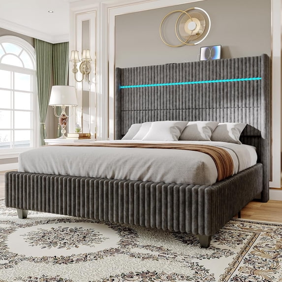 Merluxy Queen Bed Frame with LED Lights Charging Station,Corduroy Upholstered Platform Bed Frame with 60" Tall Wingback Headboard/Grey