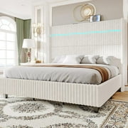 Merluxy Queen Bed Frame with LED Lights Charging Station,Corduroy Upholstered Platform Bed Frame with 60" Tall Wingback Headboard/White