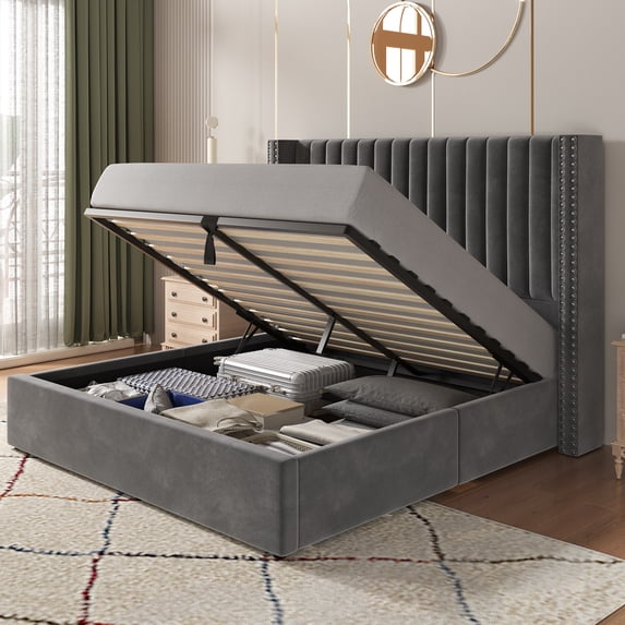 Merluxy Queen Bed Frame Lift Up Storage Bed, Velvet Queen Upholstered Bed Frame Channel Tufted Wingback Headborad/No Box Spring Needed/Gray